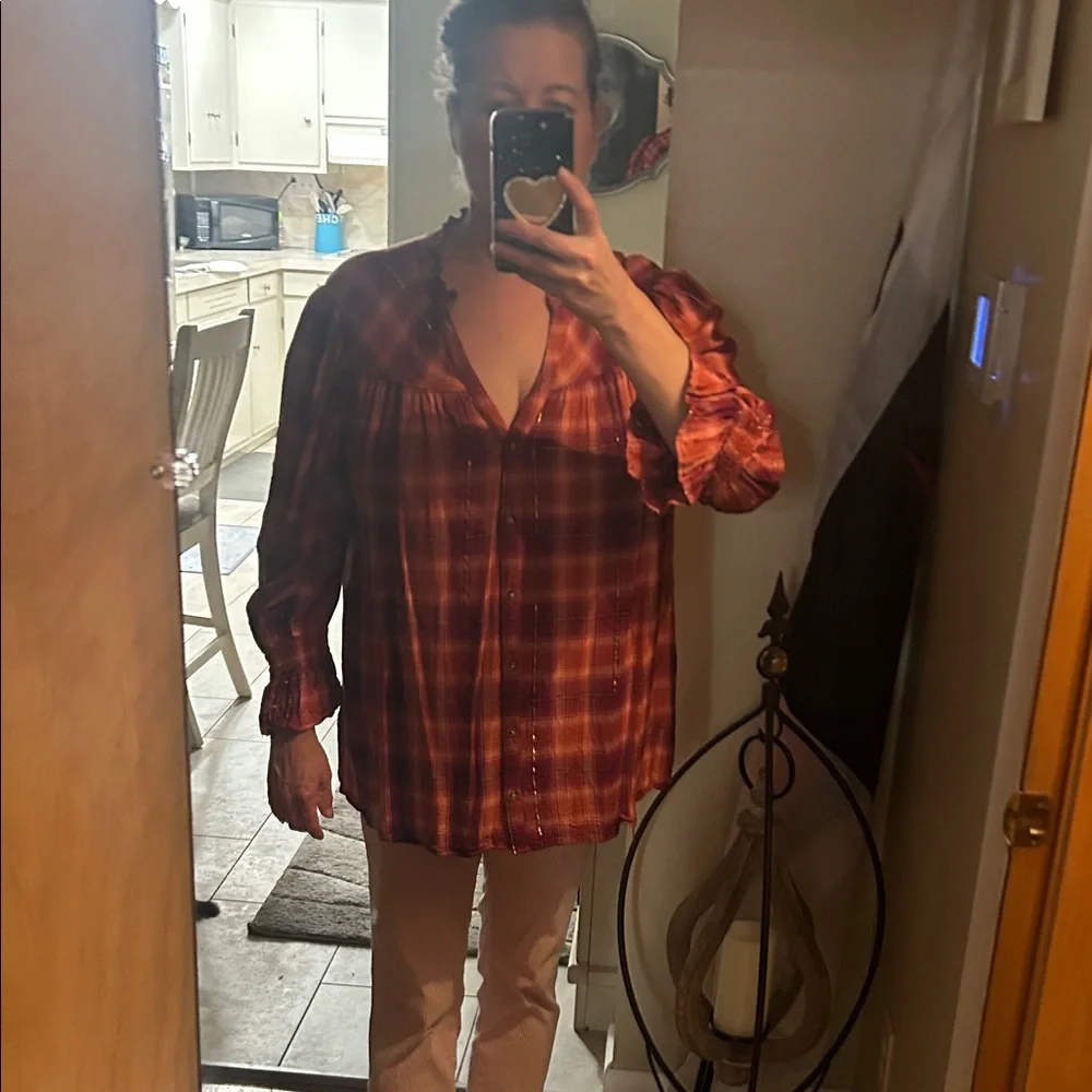 Cato Rust Plaid Button-Down Blouse - Picture 1 of 6